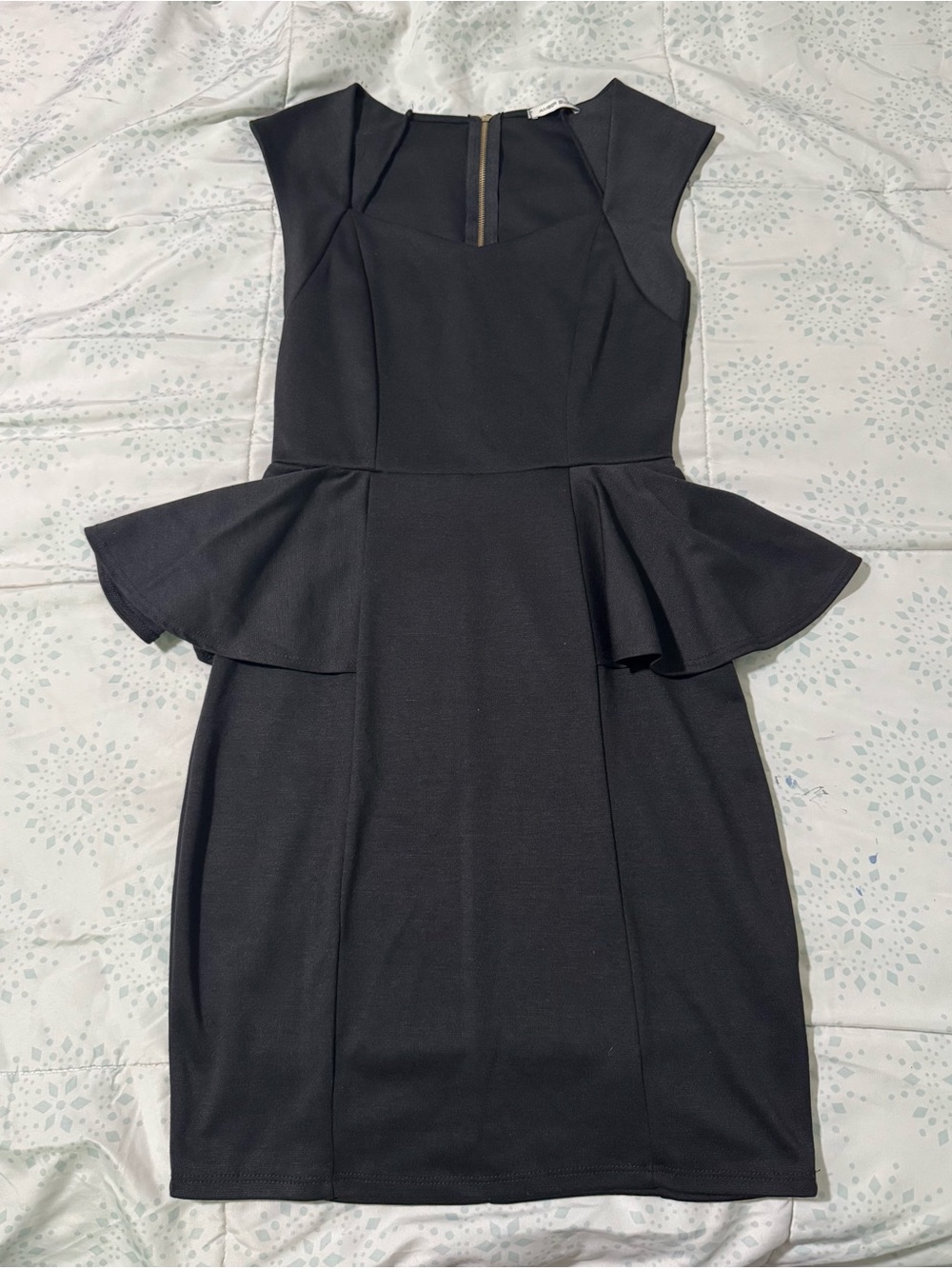 Black Peplum Midi Dress with Cap Sleeves